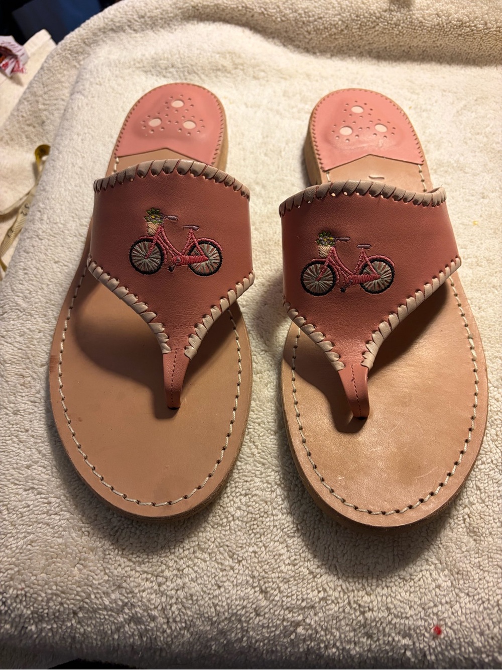 Jack Rogers Brazil Pink Leather Thong Sandals W/Bicycle Embroidery size 11 NEW!!